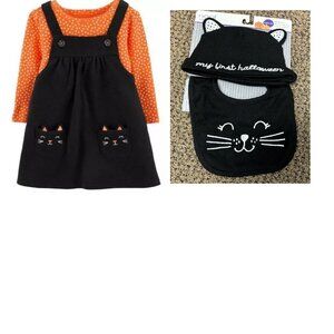 Baby Carters Halloween Jumper Dress, Onesie, Hat, Bib 6 months Black Cat 4 Pc